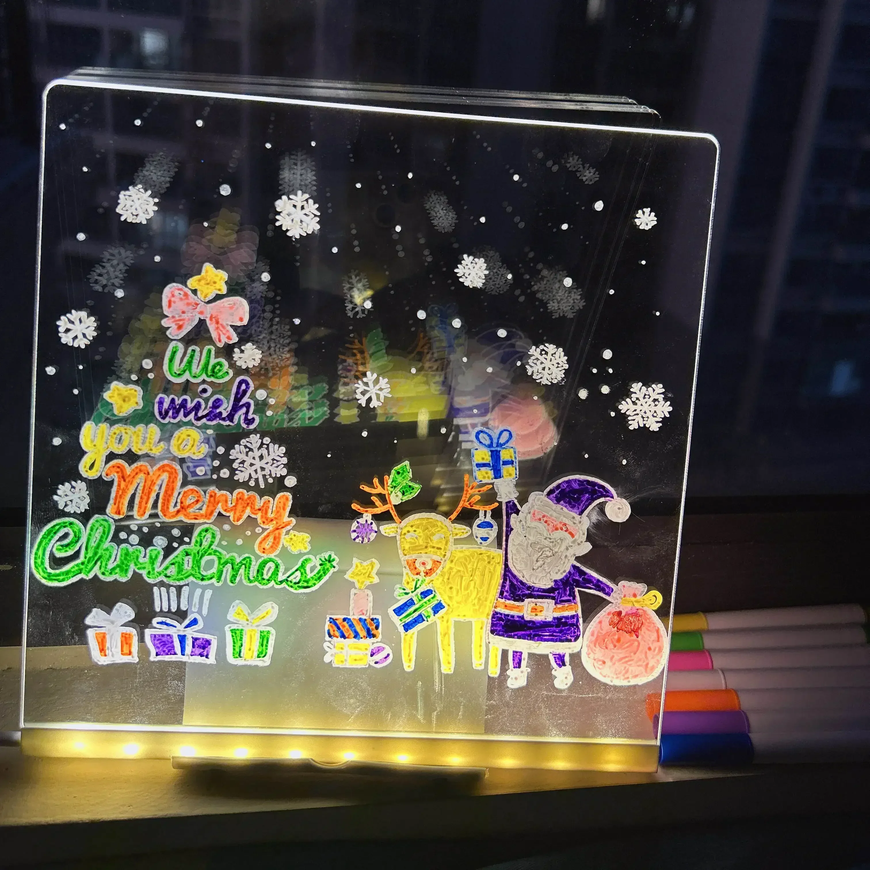 Christmas LED Fluorescent Board, DIY Erasable Drawing Toy with Night Light Effect