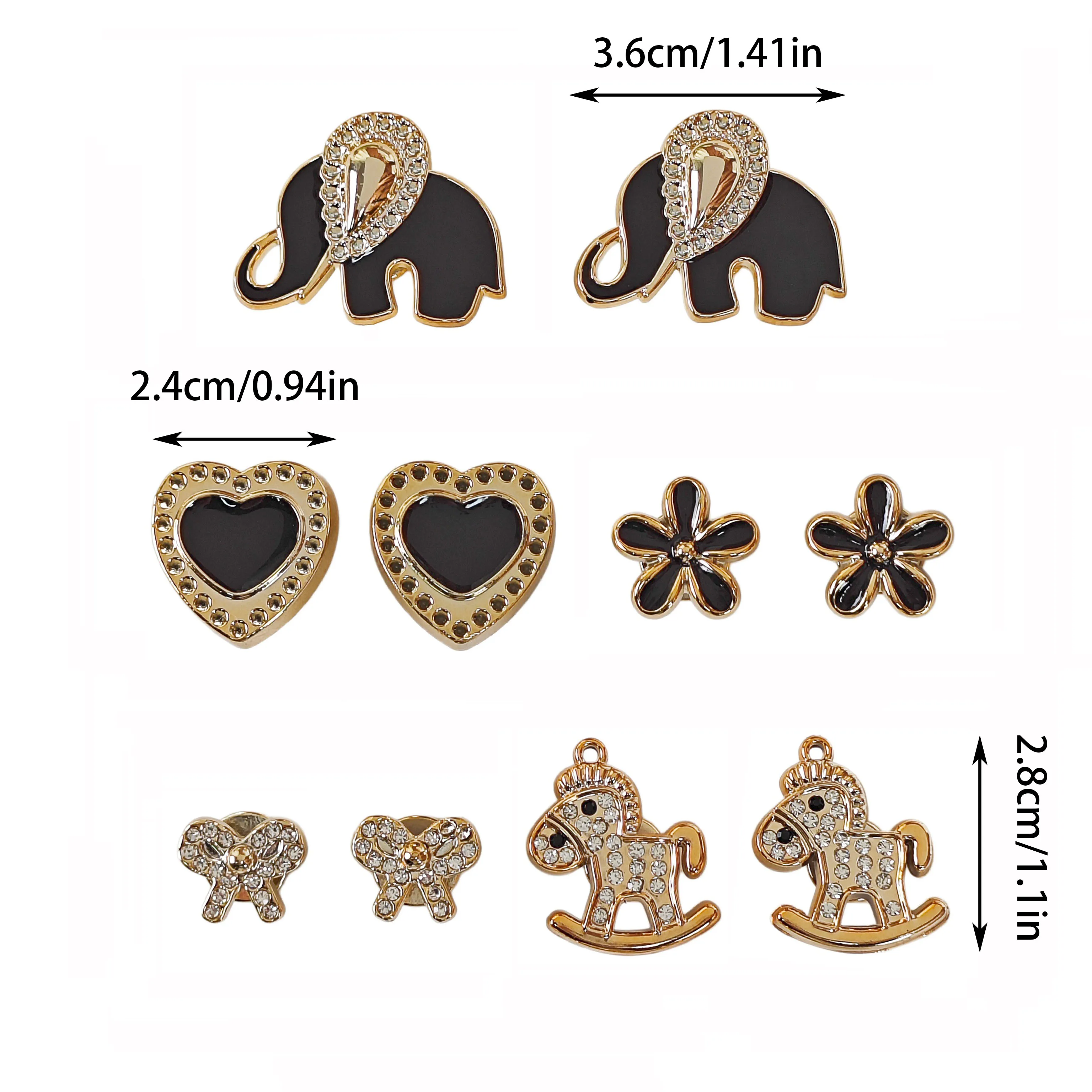 10Pcs DIY Shoe Decoration Charms Shiny Black Elephant, Heart, Rocking Horse, Bow, Flower Decorative Buckles Non-Metal Lightweight Material Y2K Fashion Versatile Cute Personality Style for Men and Women Suitable for Eva Beach Shoes, Sandals, Removable Shoe Decoration, Holiday Gift