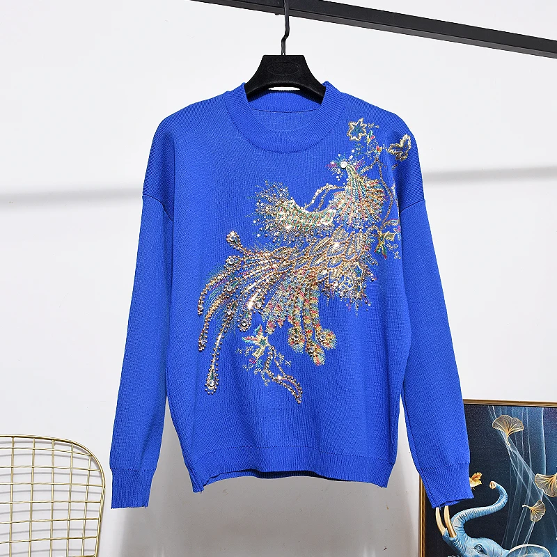 Fashion Knitted Two Piece Set Women Loose Embroidery Tracksuits Beading Peacock Pullover Sweater Pencil Pants Outfits 2pc Female