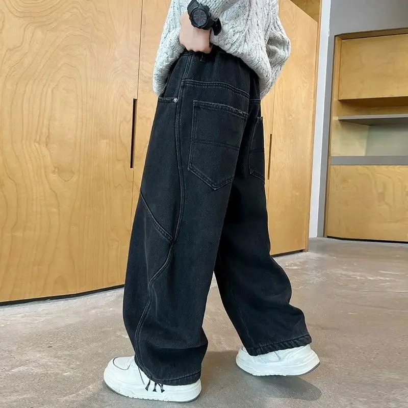 2025 New Boys' Casual Jeans for Kids 6-12 Years Old Autumn Streetwear Jeans with Rips and Rivets, Comfortable Stretchy Fabric