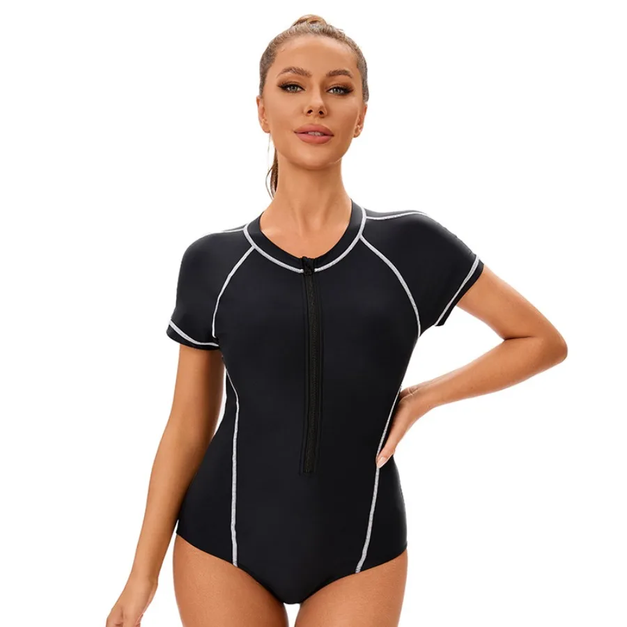 Sports Bikini Solid Color Conservative One Piece Short Sleeve Swimsuit Zipper Monokini Swimwear Bodysuit Surfing Suit 2025 New