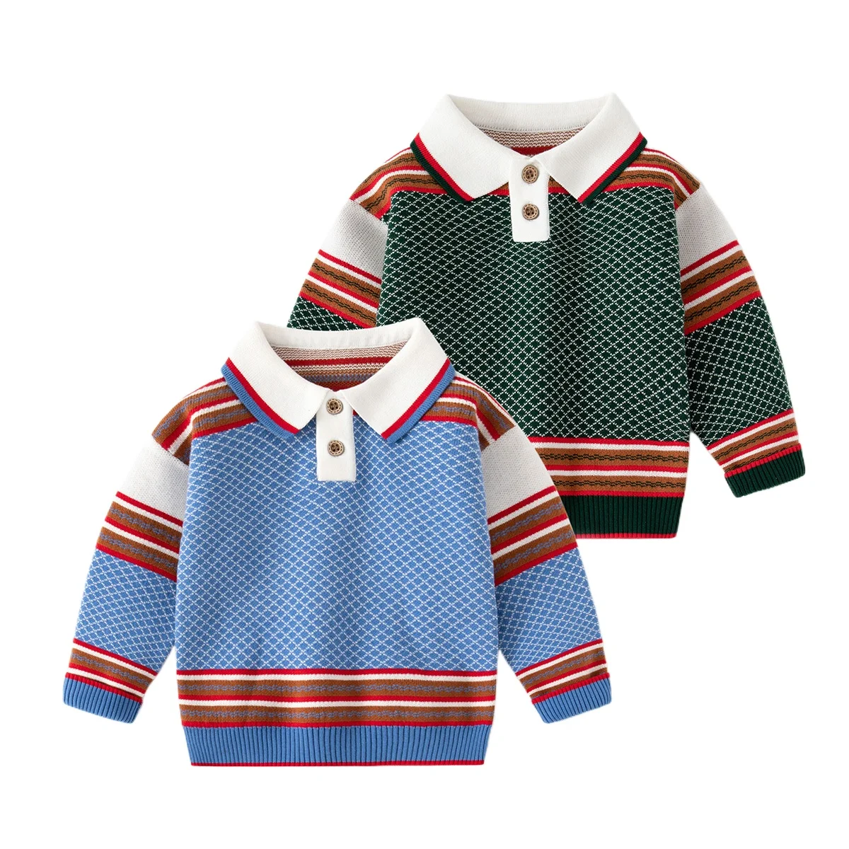 Boys\' Casual Color Block Striped Long Sleeve Sweater Spring Autumn Fashionable Polo Collar Knitted Pullover Knitwear 2-7 Years