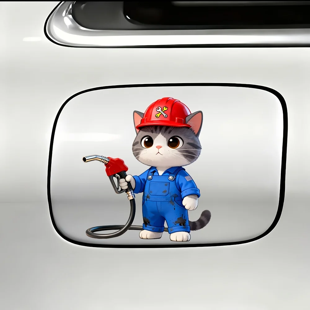 Cartoon Kitten Wearing Blue Work Pants Sticker, Red Tone Inside Car Design, PVC Waterproof Removable Decal for Auto Decoration