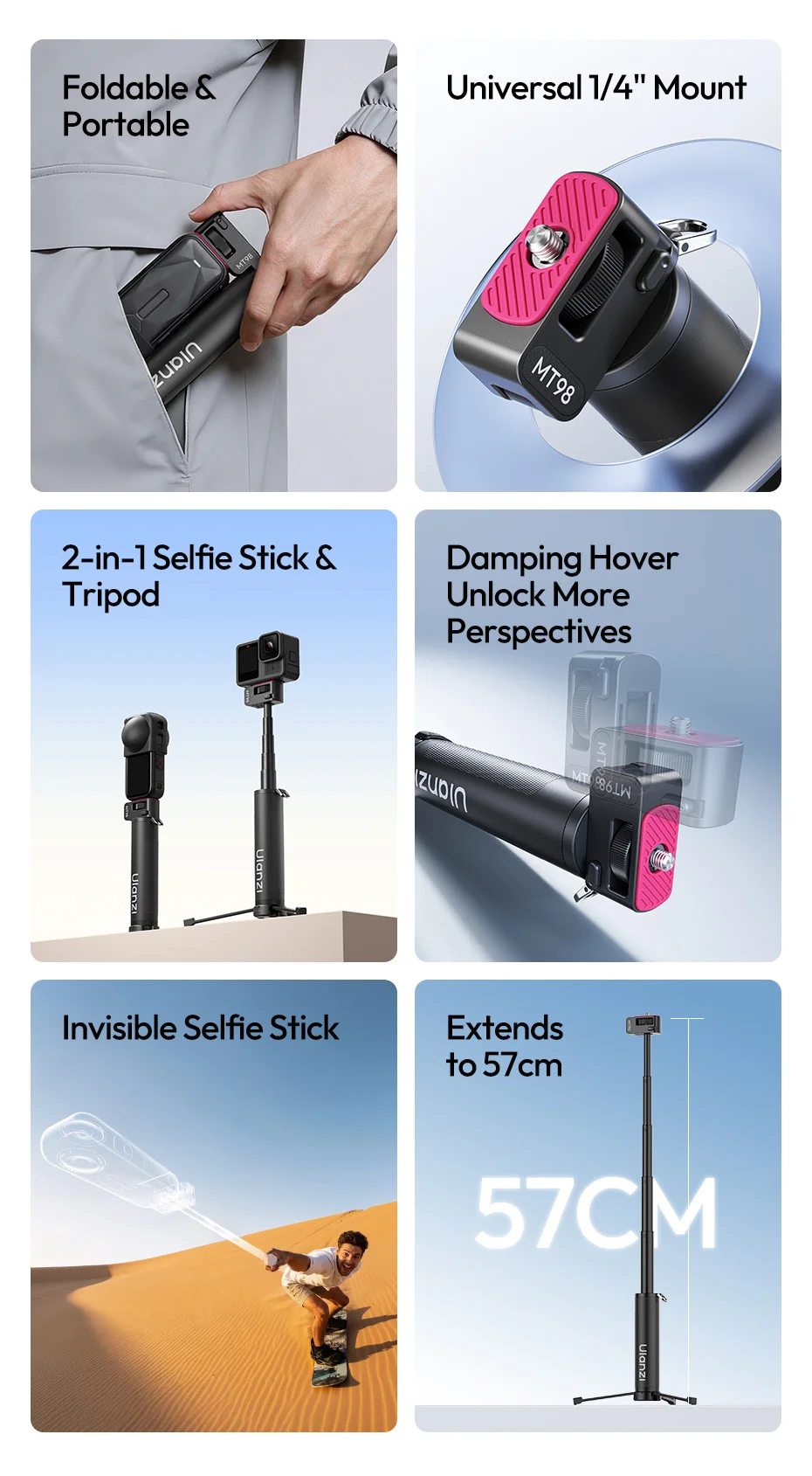 Ulanzi MT98 Faltbarer Selfie-Stick Stativ für Insta360 für DJI Action 6/5/4 für Outdoor-Reisen Vlog Selfie-Stick Stativ 17-57cm – Detail 2