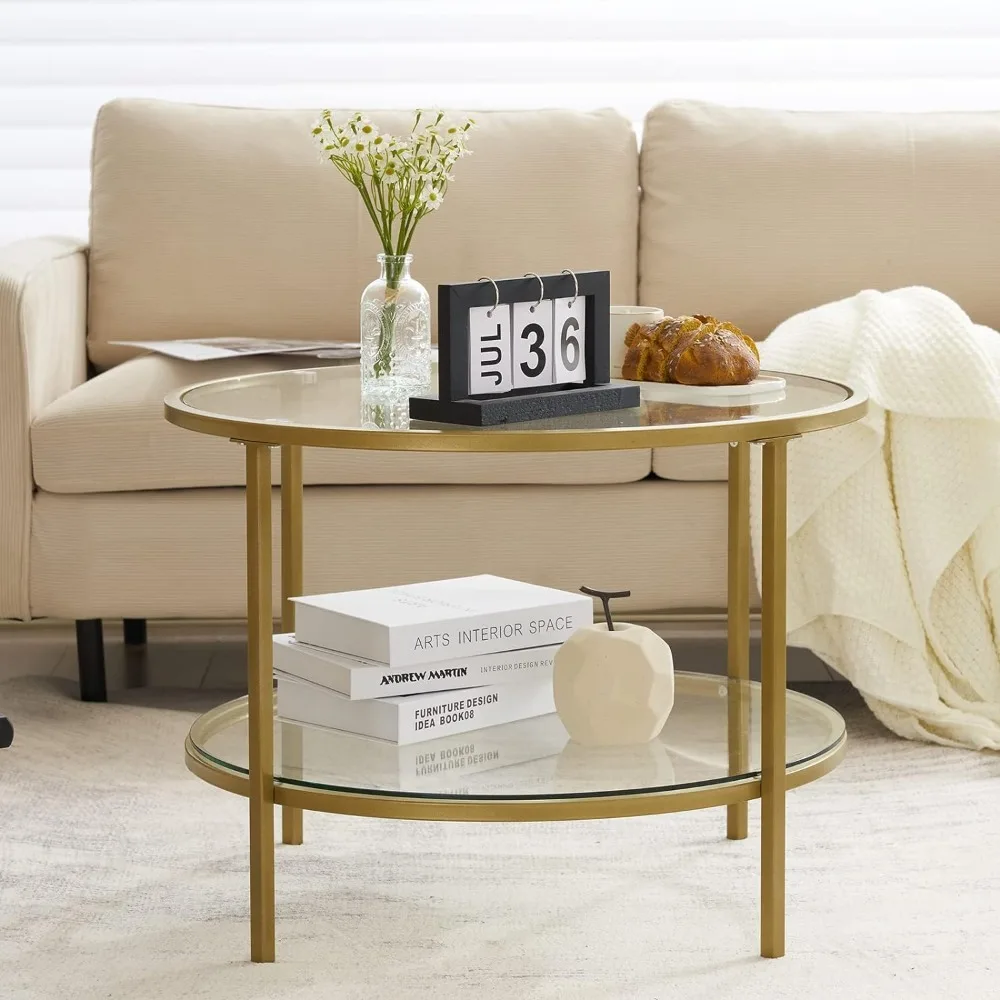 

Glass Coffee Table, 25.6" Round Champagne Gold Coffee Tables for Living Room, 2-Tier Glass Top Coffee Table with Storage Clear