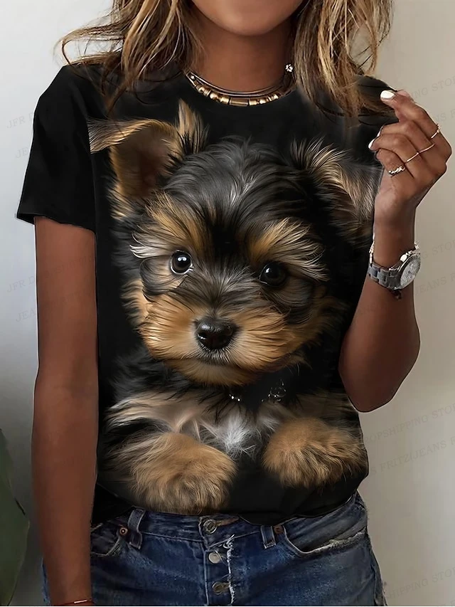 T-Shirt à Manches Courtes pour Femme et Enfant, avec Imprimé Animal, Chien en 3D, à la Mode, Kawaii, Chat