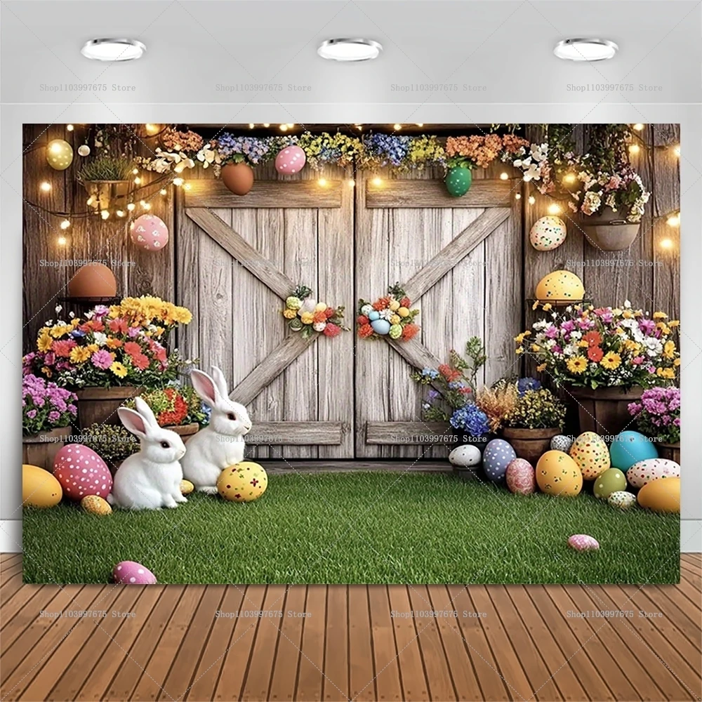 2D Frühlingsgarten Hase & Eier Hintergründe Oster-Party-Deko Fotografie-Hintergrund Banner Studio-Requisiten Party-Zubehör