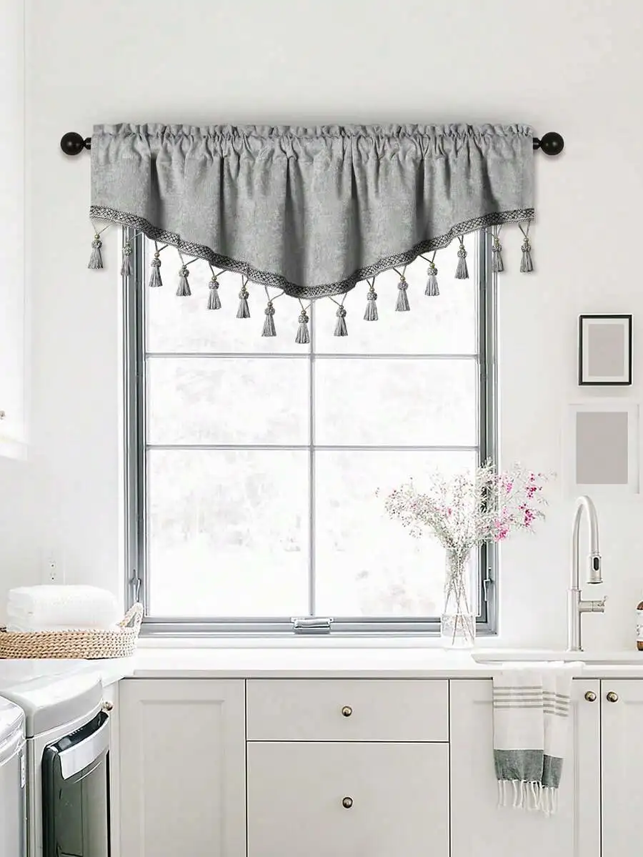 1pc Coffee Vintage Style Snowy Organza Short Curtain With Tassel And Lace Trim, Suitable For Window/Door Decoration