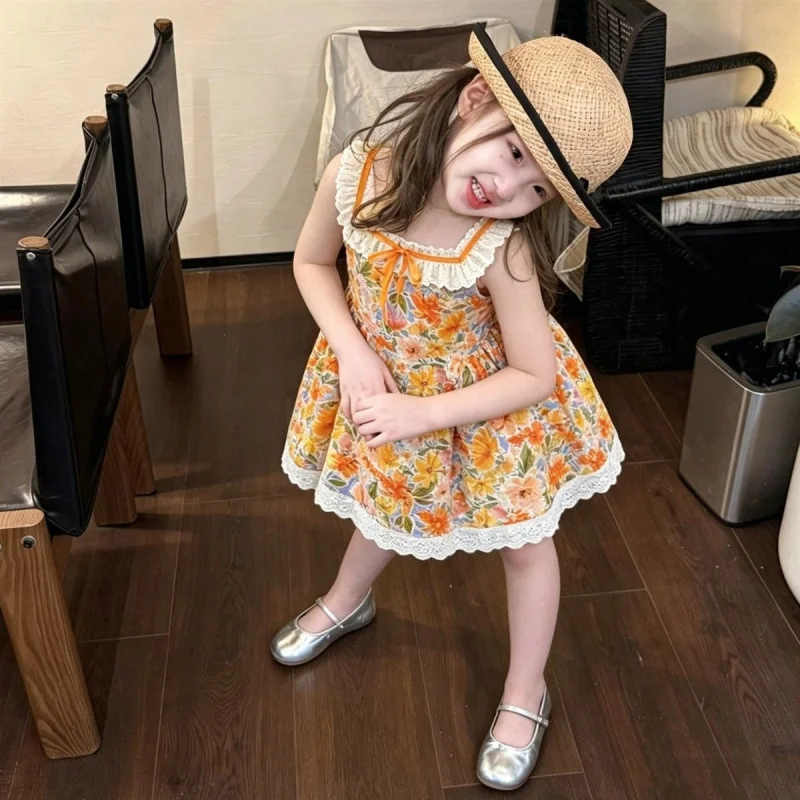 Girls' summer dress, children's holiday-style seaside cotton princess dress, baby girl's lace tank dress, lightweight