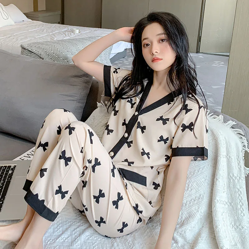 Chic Bow Print Womens Pajama Set Comfortable Short Sleeve V Neck Top and Elastic Waist Pants Luxurious Sleepwear & Loungewear