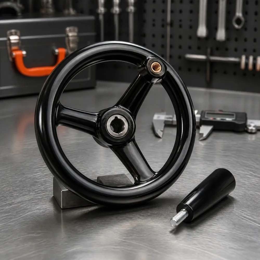 Black Plastic Hand Wheel 200x18mm Size Revolving Handle Lathe Handwheel Round Shape 3-Spoke Design Bakelite Handwheel