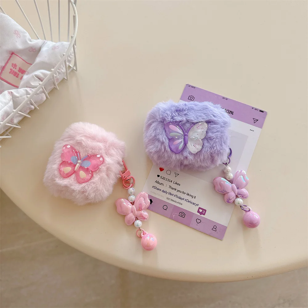 

Warm and fluffy plush headphone case for Airpods Pro 2 4 Airpods 4 3 2 cover with butterfly charm cute earphone protective cover