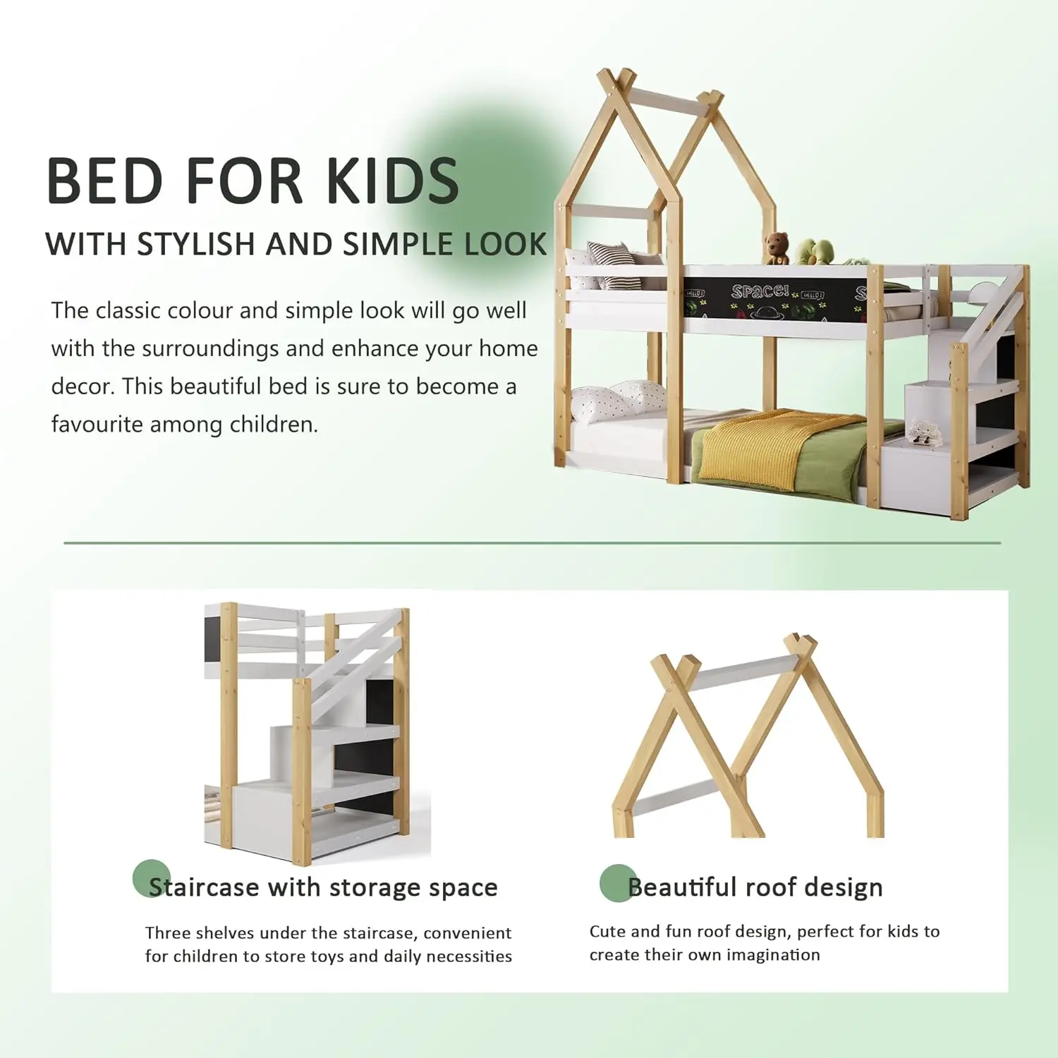 Twin Over Twin House Bunk Bed Frames With Storage Staircase And Blackboard For Teens, Girls Or Boys