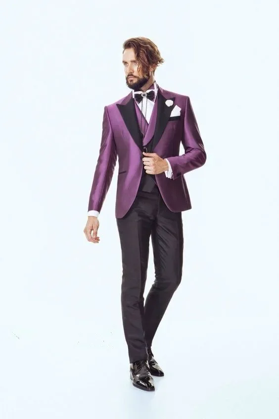 Purple Satin Italian Men Suit Peak Lapel Wedding Suits For Men Custom Slim Fit 3 Piece Groom Tuxedo Prom Blazer Terno Masculino