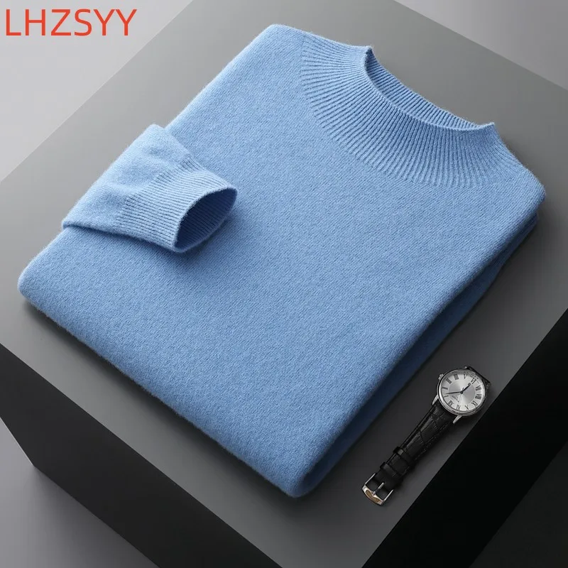 Men\'s Semi-High Collar First-line Clothing 100% Pure Wool Sweater Autumn New Loose Knit Pullover Leisure Long Sleeve Jacket Tops