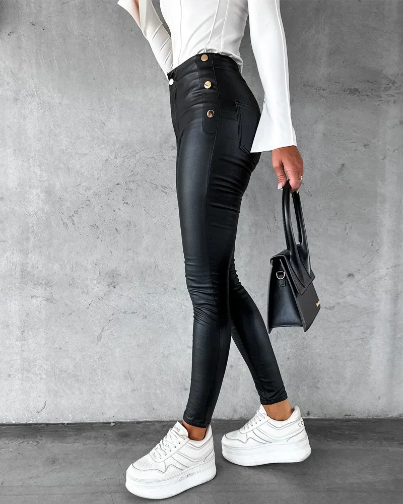 

Women's Casual PU Leather Pants Spring Autumn Side Button Skinny Long Trousers Fashion Street Wear Tight Female Basic Style