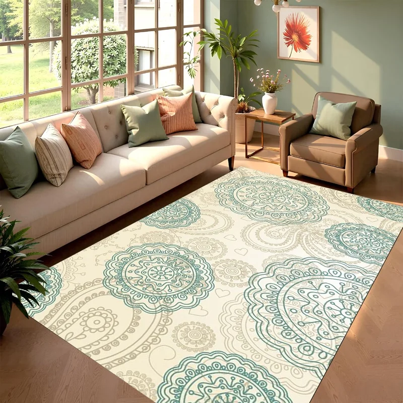 Light Green Boho Non Slip Floor Carpet Vintage Paisley Circular Pattern Soft Mat for Living Room Bedroom Home Decor