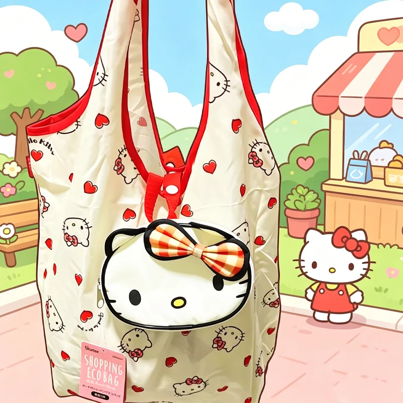 

Cartoon Hello Kittys Crossbody Bag Shoulder Bag Portable Fold Shopping Bags Hand Bag Large Capacity Storage Bag