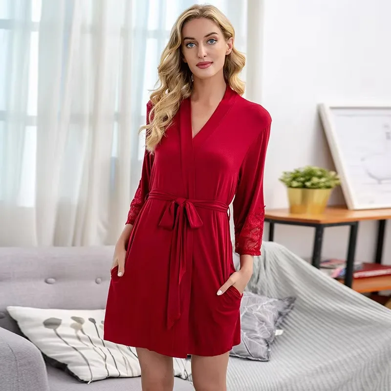 Solid Modal Cotton Robe Dressing Gown Sleepwear Sexy Lace Cuffs Nightwear Lace-Up Bathrobe Women's Loose Casual Home Wear
