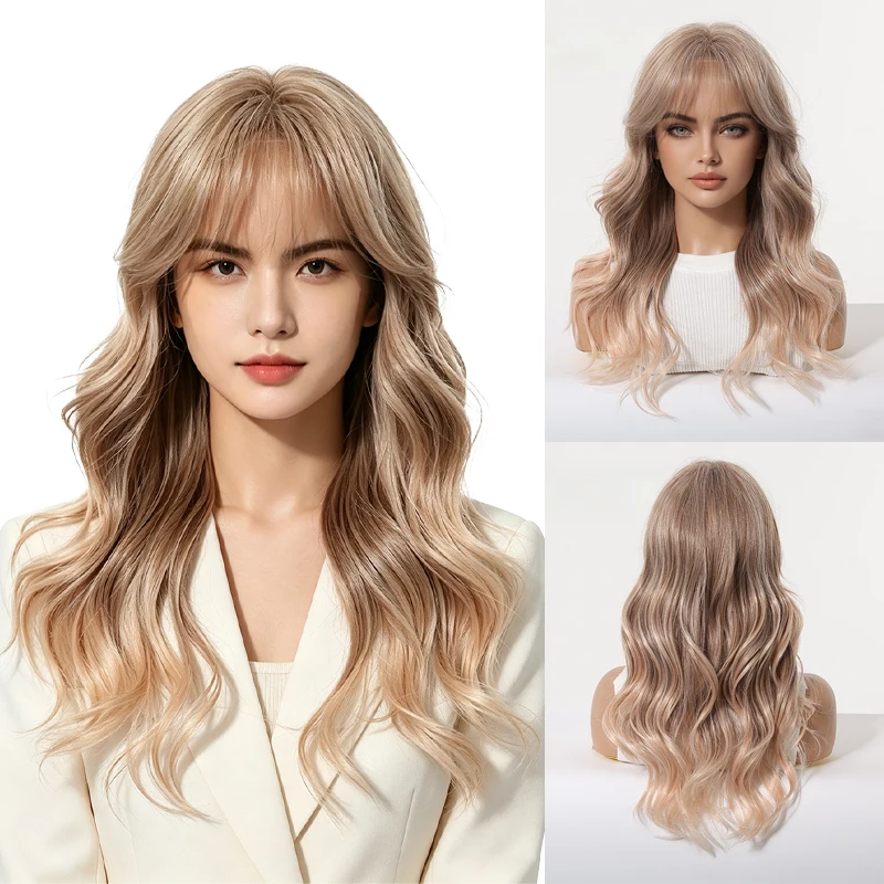 Natural Ombre Rose Gold Wig Long Wavy With Air Bangs 20 Inch Soft Heat Resistant Synthetic Hair Wig For Women Daily Wear Party