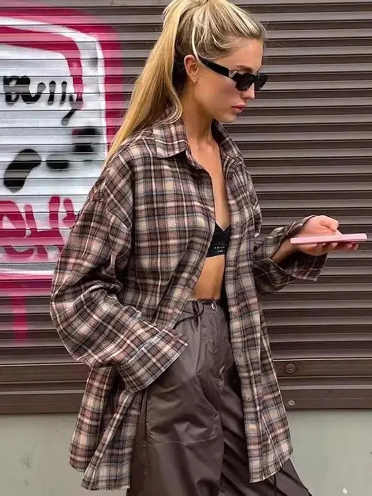 

Женская винтажная рубашка в стиле Харадзюку, оверсайз, свободного кроя, с длинным рукавом, в американском уличном стиле, весенняя, ретро, в стиле бойфренд, хип-хоп, повседневная, Y2K, новинка