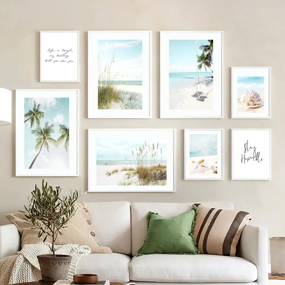 

Sea Reed Beach Swing Coconut Tree Quote landscape Art Canvas Painting Nordic Poster Prints Wall Pictures For Living Room Decor