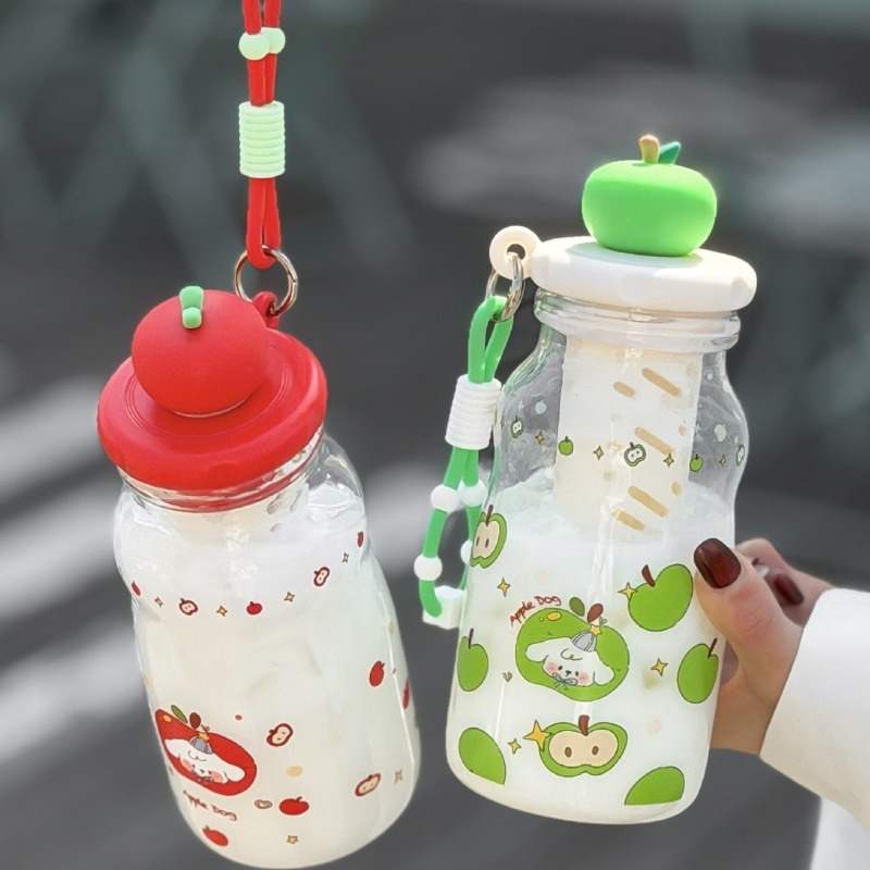 600ml New High Beauty Milk Straw Cup for Girls, Apple Cat, Handheld Rope, Water Cup, Tea Separation, Cute Plastic Cup
