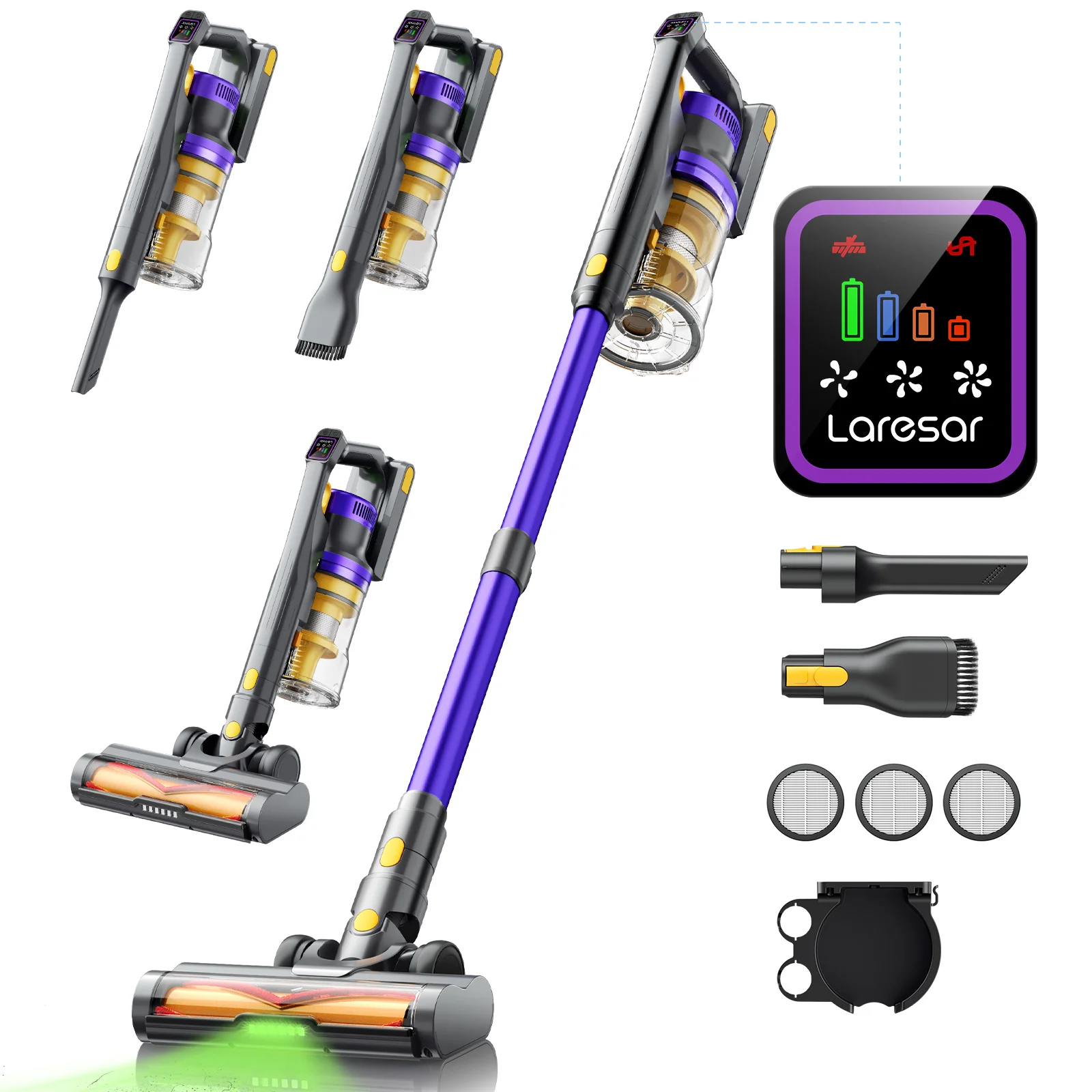 Aspirapolvere Senza Fili Laresar X11, Portatile, con Contenitore Polvere Intelligente, 60 Minuti di Autonomia, Set 3 Filtri, 550W, Potenza di Aspirazi