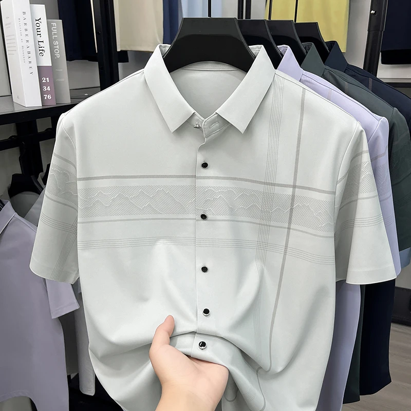 TFETTERS Summer Business Men Short Sleeve Shirt Mountain Line Grid Jacquard Ice Silk Office Daily Blouse Wrinkle Free Quick Dry