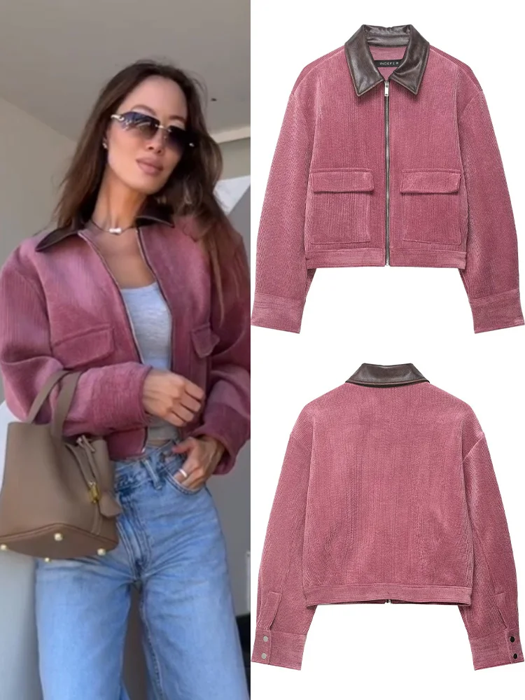 HH Autumn Woman Loose Long Sleeves Zipper Pocket Turn-down Collar Splice Decoration Coat Female Leisure Button Solid Coat