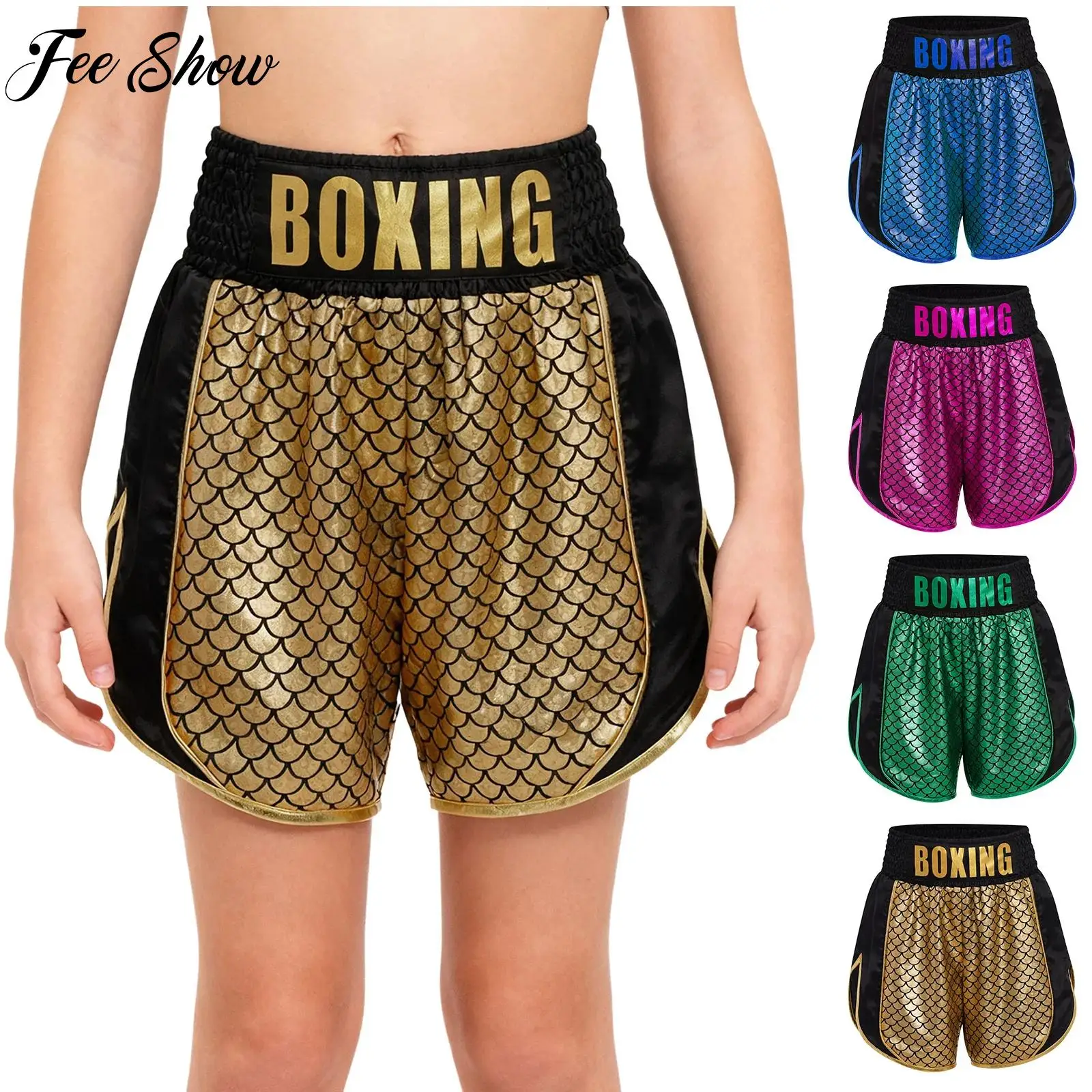 

Muay Thai Shorts Kids Boys Girls Metallic Fish Scale Boxing Shorts Stretchy Side Slit Boxer Bottoms Kickboxing Training Pants
