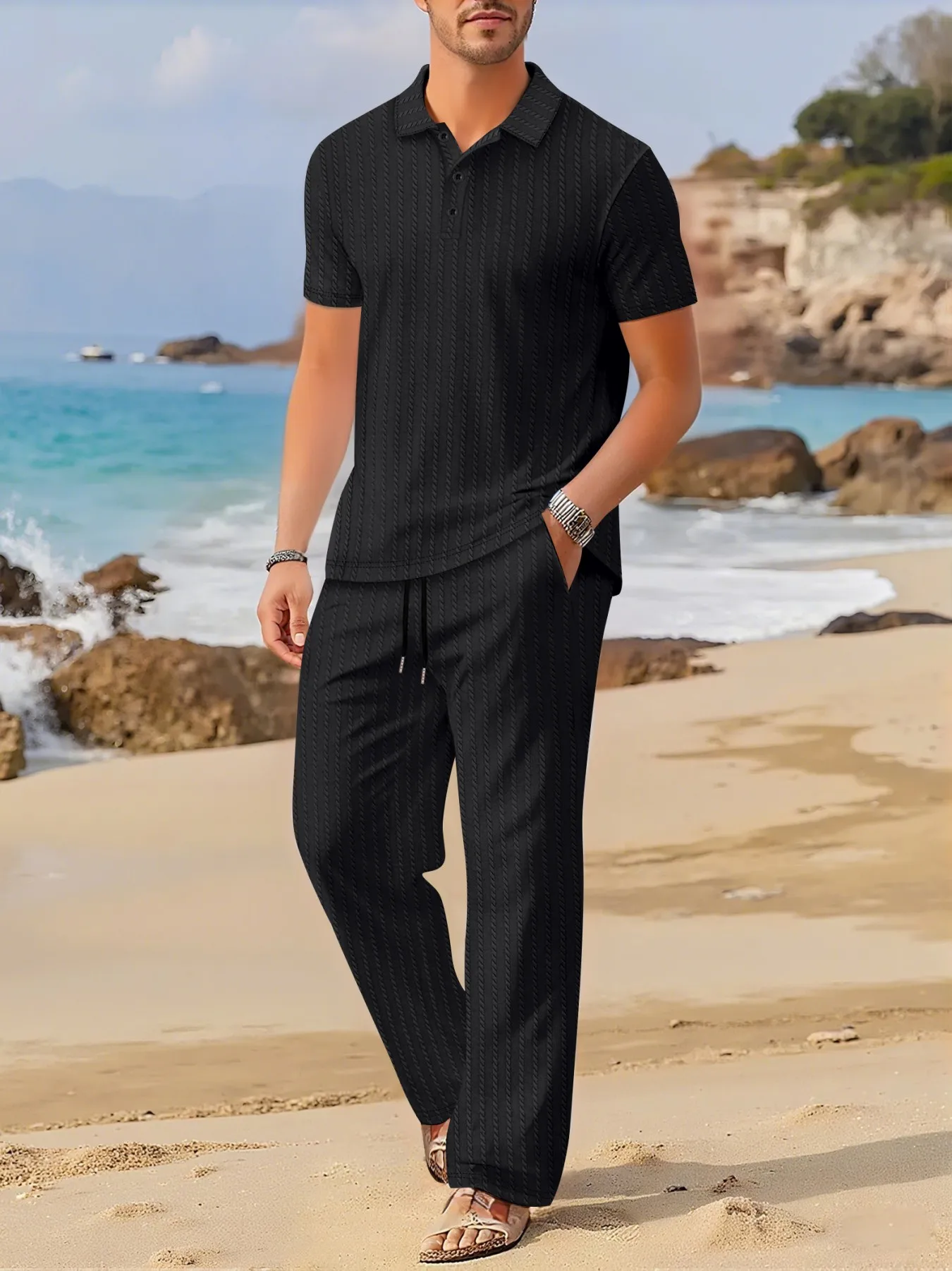 Summer New Flip-Collar Short-Sleeve Long-Pants Set Casual Beachwear Men's Clothing - view 4