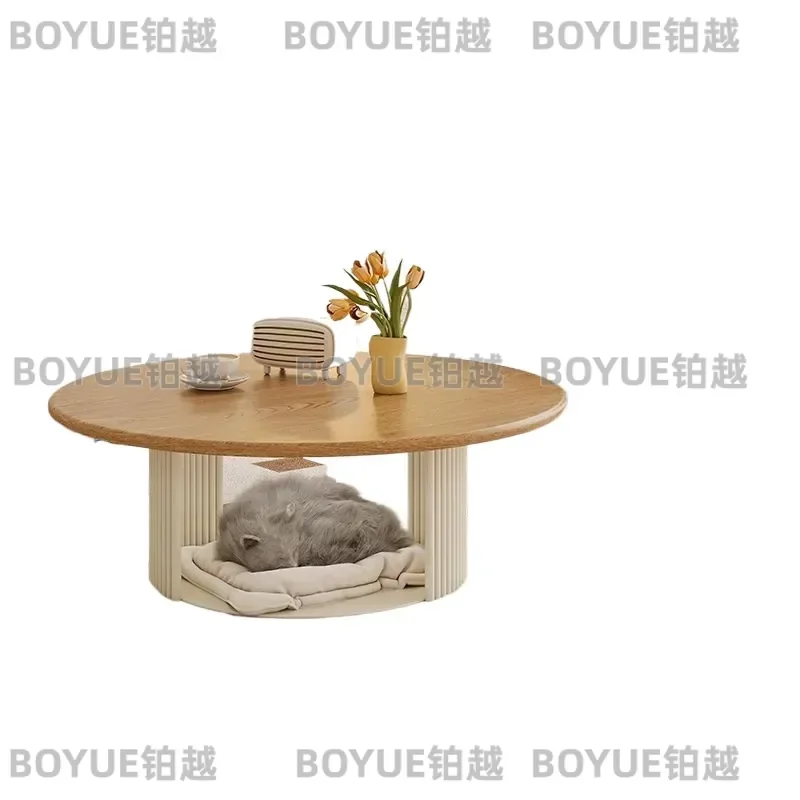for French Cream Style Oval Solid Wood Coffee Table with Cat Scratch Resistant Fabric Storage and Thickened Rock Slab Top for