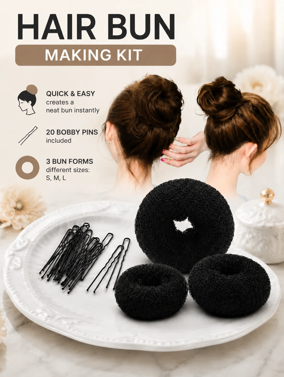 3PCS Hair Donut Shaper Set Sponge Bun Maker for Women Girls Kids - Small Medium Large Sizes with Black Pins Messy Bun Styling To