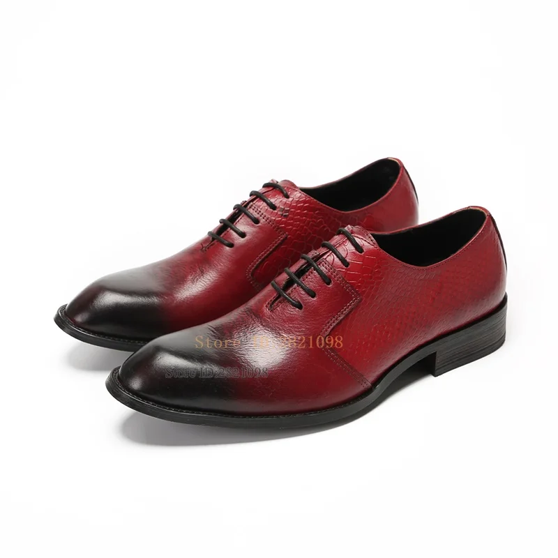 

Fade Match Color Red Black Leather Lace Up Male Flats Men Business Dancing Dress Shoes Square Toe Outdoor Shoes