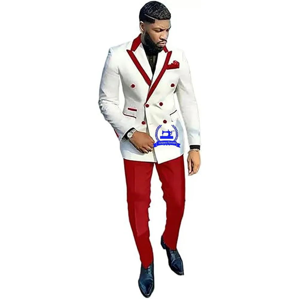 

New Tailored White Double Breasted Men Suits Top Lapel Tuxedo Slim Fit Male Costume Pour Homme Groom Two Pieces Prom Sets