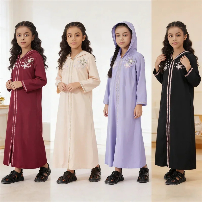 Abayas com Capuz Eid Djellaba para Meninas, Vestido Muçulmano Bordado, Kaftan de Ramadan, Kebaya, Caftan Marroquino, Jalabiya, Robe