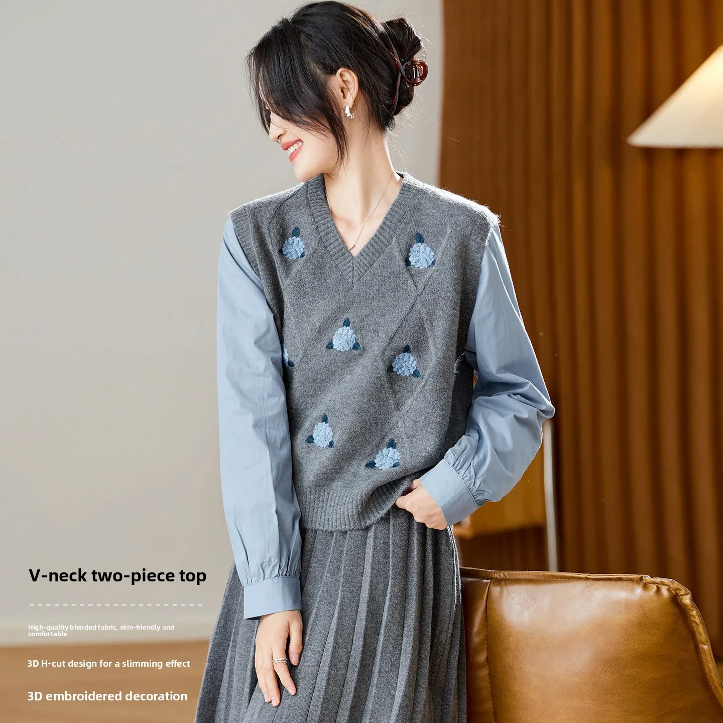 

Вязаный свитер Design Sensation для женщин: осенне-зимний модный топ с эффектом двухслойности, пэчворк и цветочная вышивка