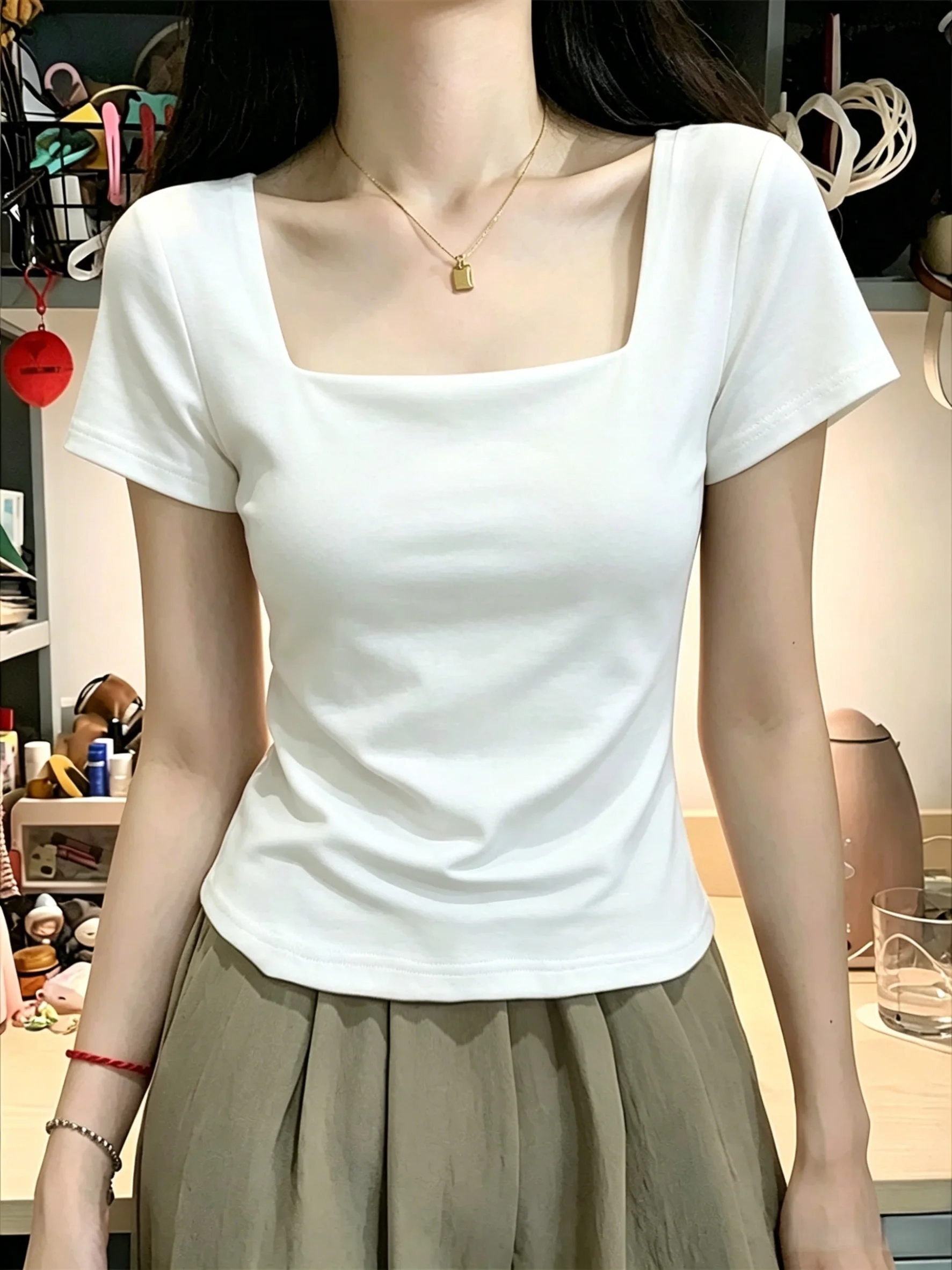

Summer Short Sleeve T-Shirt Women's 95 Cotton Square Collar Slim Fit Base Shirt Shoulder Width Regular Cotton Polyester Blend