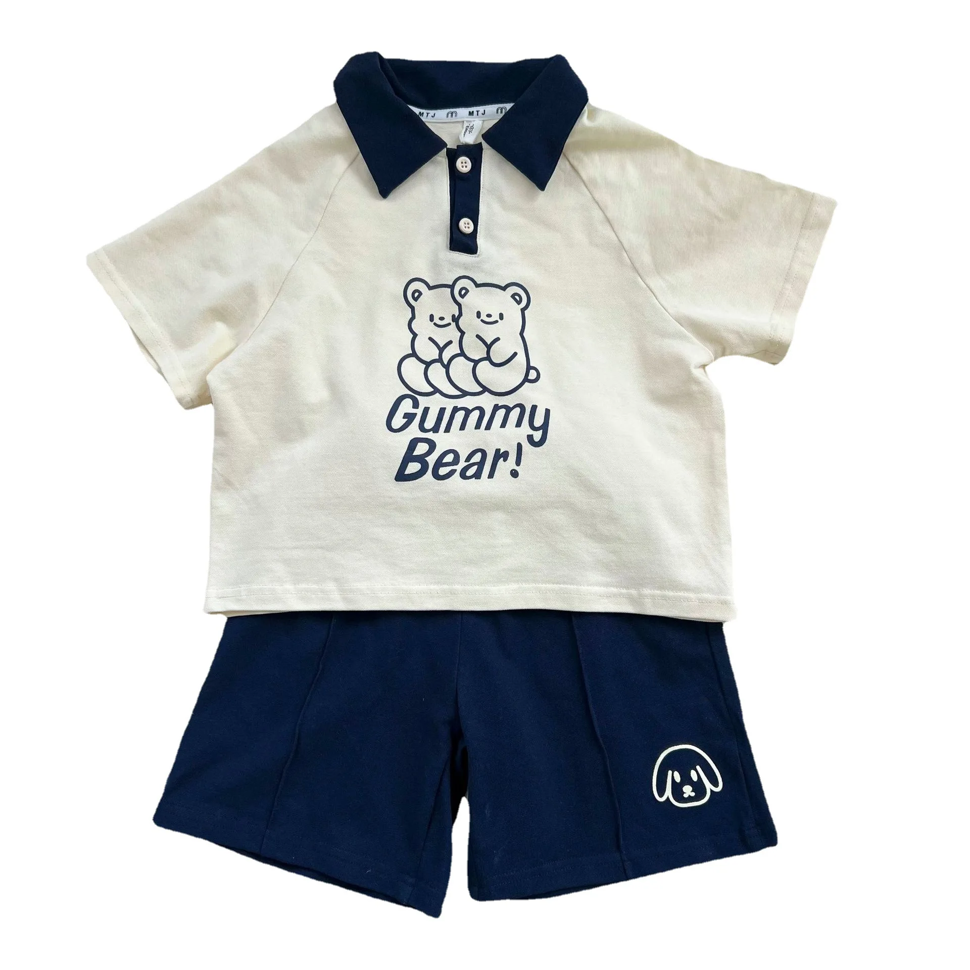 Korean Summer Children Siblings Attire Cartoon Bear Letter Printed Baby Girl Dress Cotton Polo Shirt Dog Shorts Kids Boy Outfits