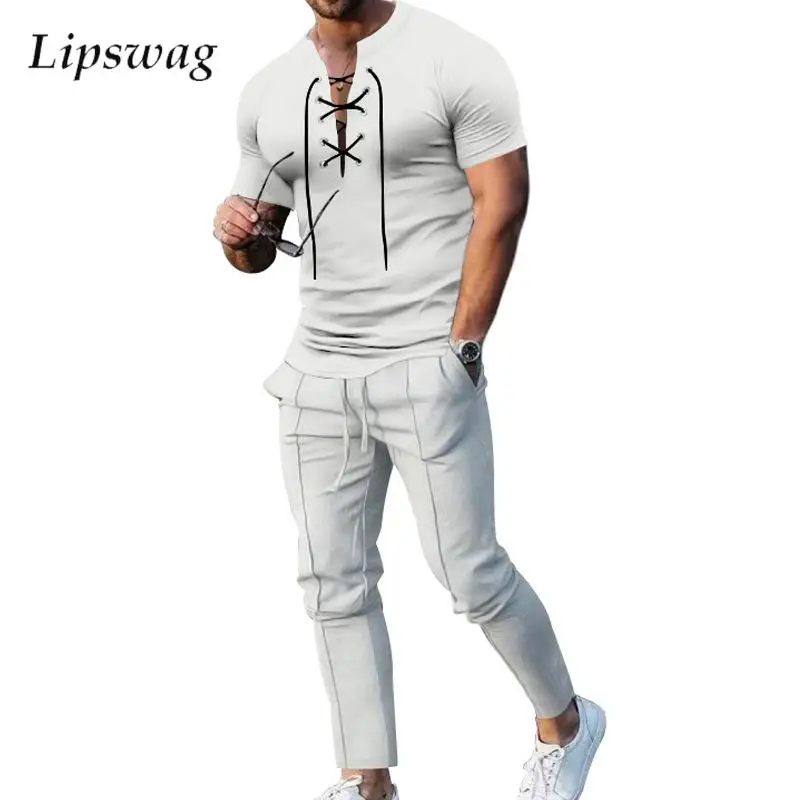 Summer Casual Mens Two Piece Suits Vintage Solid Color Lace-up V Neck Short Sleeve Tees And Pants Outfits Men Fashion Slim Sets