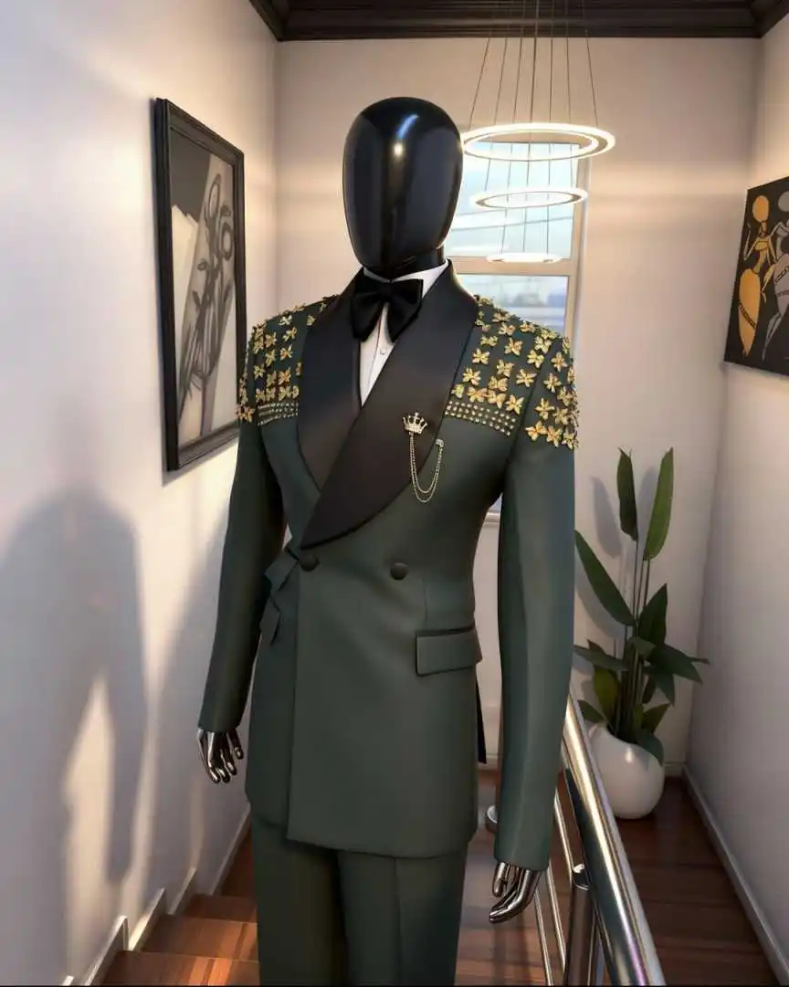 Designer Men Suits Customized Groom Wedding Tuxedos Beads Formal Prom Birthday Party Blazer para hombre 2 Pieces