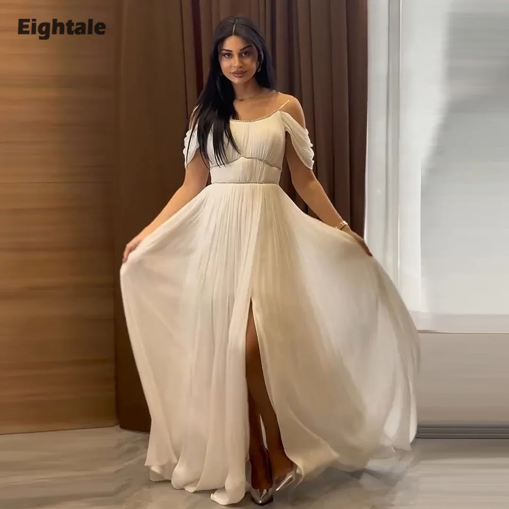

Eightale Arabic Evening Dress Spaghetti Strap Customized Beaded Side Slit Pleats Chiffon A-Line Prom Wedding Party Gown