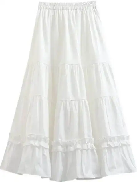 

White Puffy A-Line Midi Skirt Women's Spring Summer Cute High Waist Pleated Slimming Umbrella Cake Skirt f-length Skirts