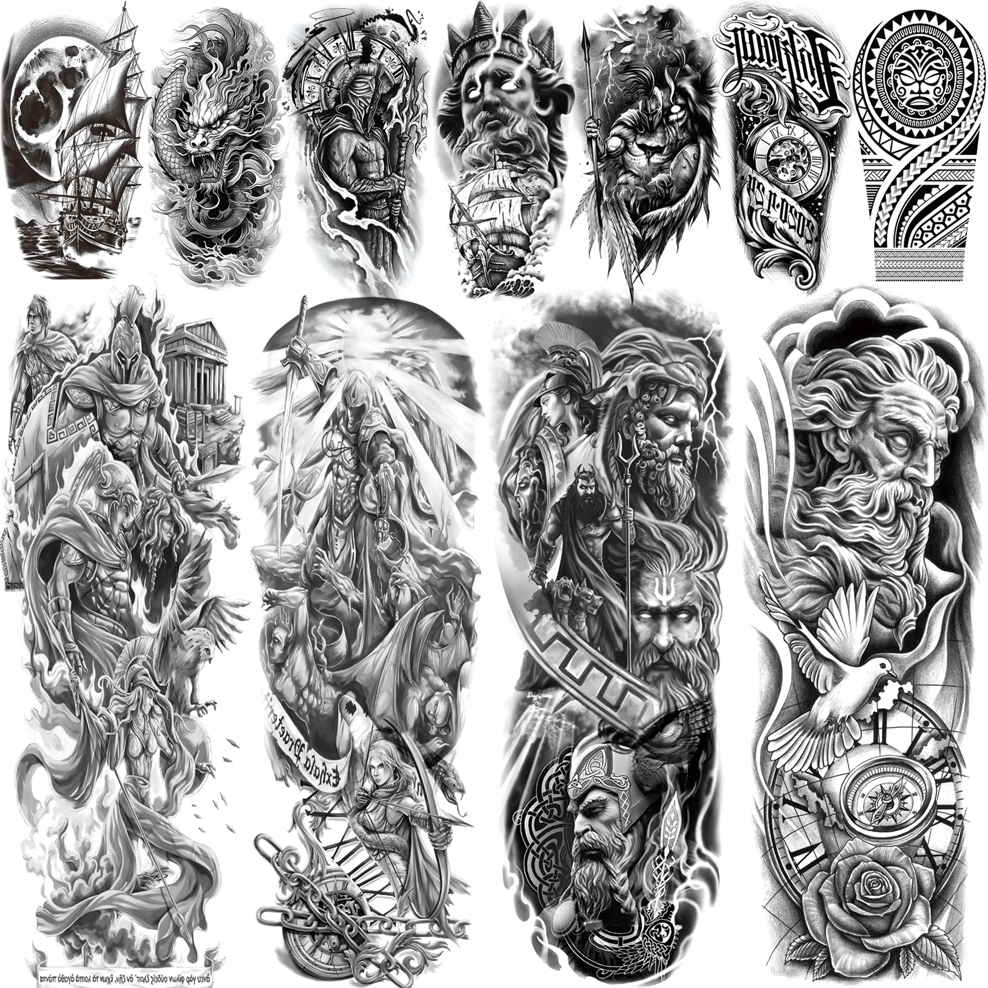 

1 Sheet Full Arm Temporary Tattoos For Women Adults Men Spartan Warrior Realistic Fake knight God Zeus Tattoo Sticker Fashion