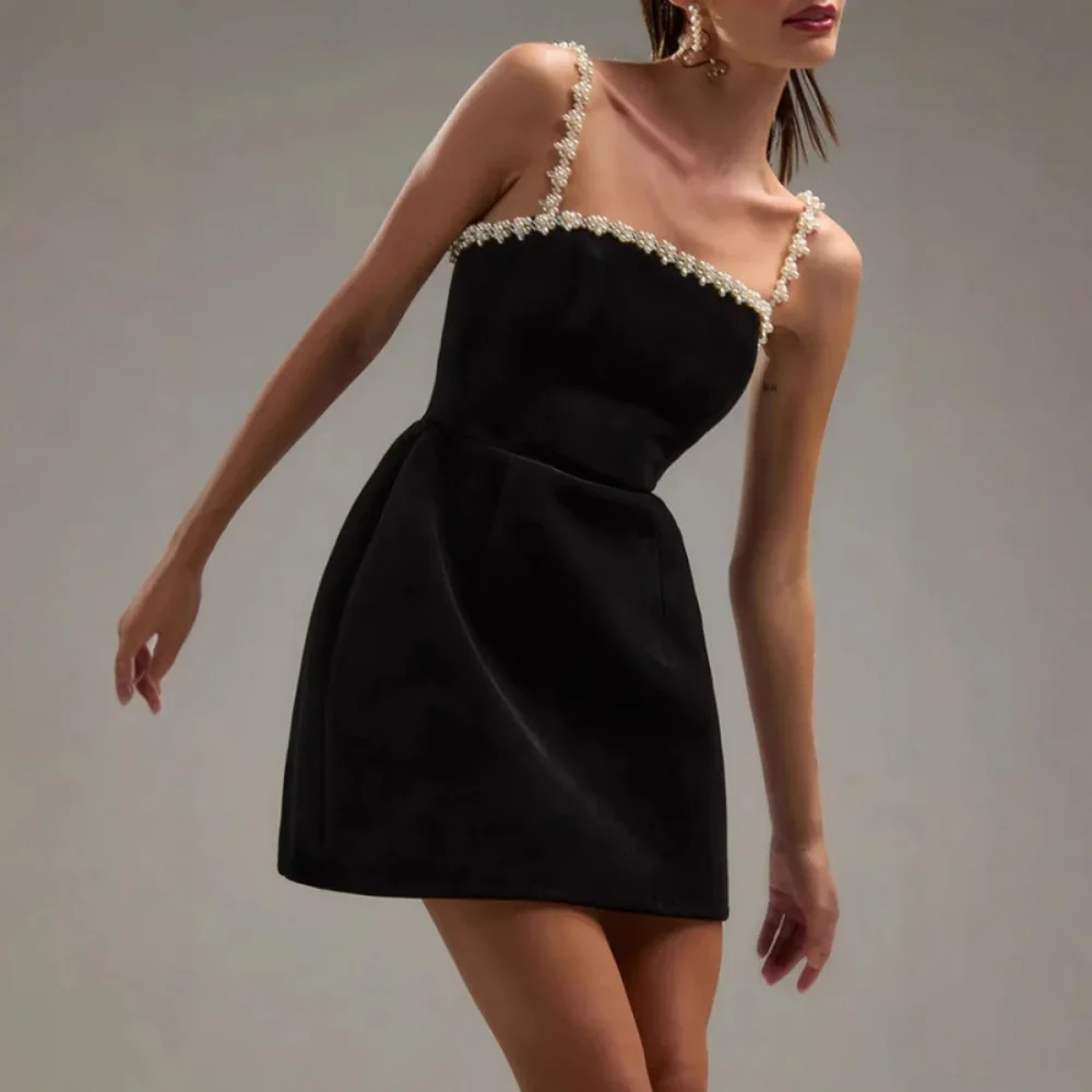 

Elegant Sexy Floral Pearl Dress Velvet Square Neck Wrap Sleeveless Halter Waist Mini Dress New Party Club Premium A-Line Dresses