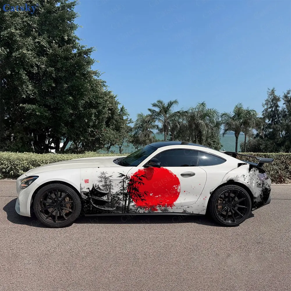 2pcs Red Circle Bamboo Pavilion Panda Car Side Wraps, Self-Adhesive PVC Waterproof & Scratch-Resistant Stickers, Car Accessory