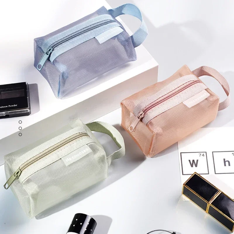 Portable Key Lipstick Charger Earphone Card Organizer Coin Make Up Bag Square Three-dimensional Transparent Mesh Storage Bag 1pc