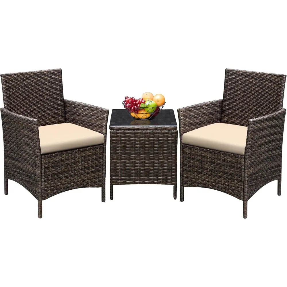 

3 Pieces Patio Furniture Sets Outdoor PE Rattan Wicker Chairs with Soft Cushion and Glass Coffee Table for Garden Backyard Porc