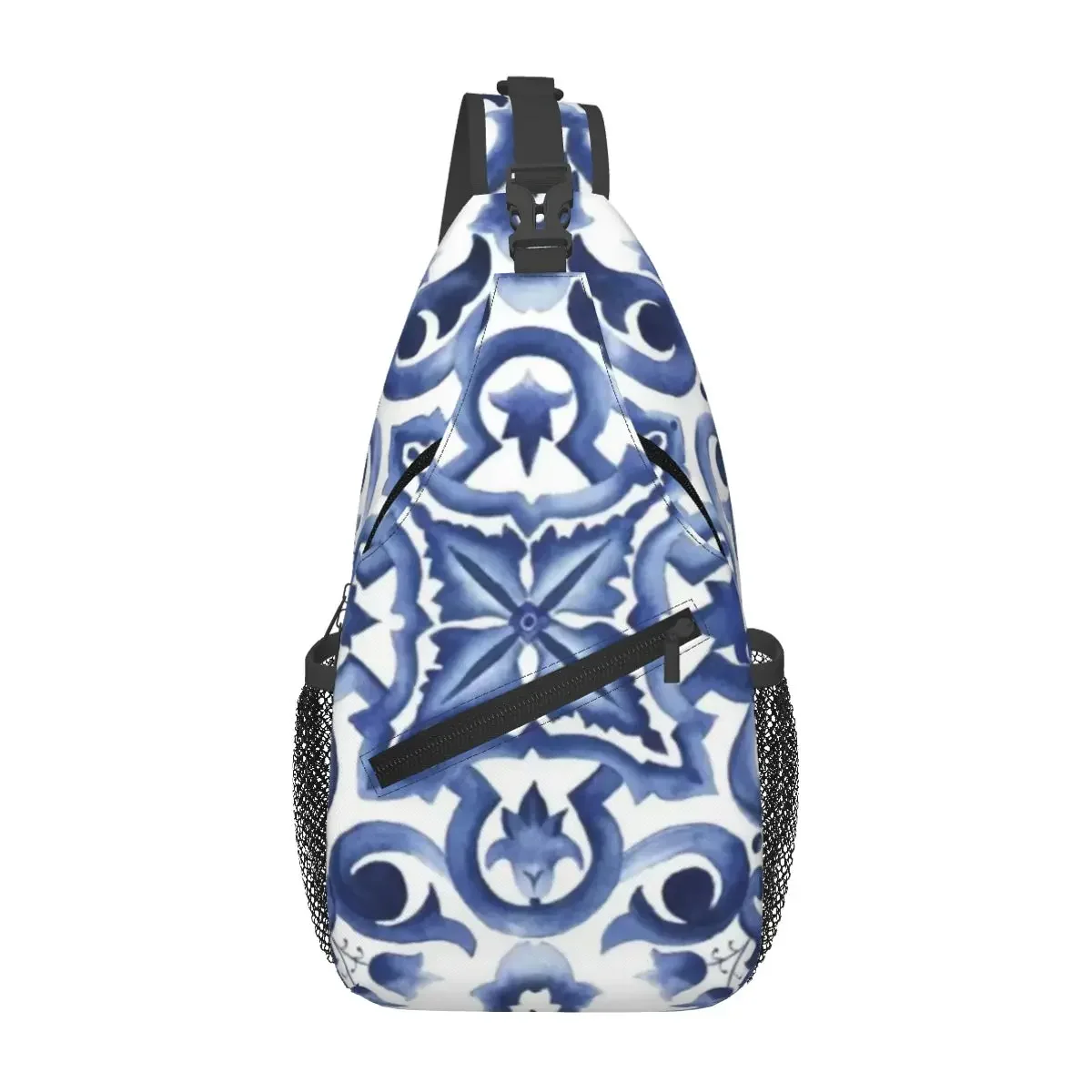 Blue Ornate Floral Mediterranean Sicilian Tile Sling Backpack Sling Bag Chest Bag Daypack Men Crossbody Backpack Shoulder Bag